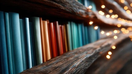 A creative display of a bookshelf filled with colorful books, illuminated with soft lights, blending form and function beautifully, representing the love for knowledge and art.