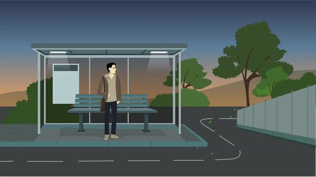 Person waiting at bus stop at dawn