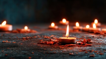 A serene collection of candles flickering softly in a dark setting, the warm golden light illuminating the surrounding area, creating a peaceful and intimate atmosphere.