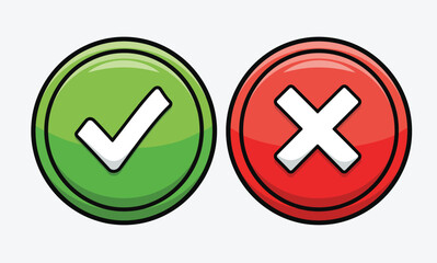 Check Mark and Cross Mark Icon Set. Glossy Green Tick and Red X Buttons for Voting, Decision Making, and Validation Concept. Flat Vector Illustration on WhiteCheck Mark and Cross Mark Icon Set. Glossy