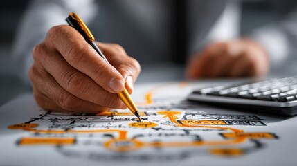 Hands typing on a keyboard with gears floating above, representing technology and innovation in a digital workspace setting