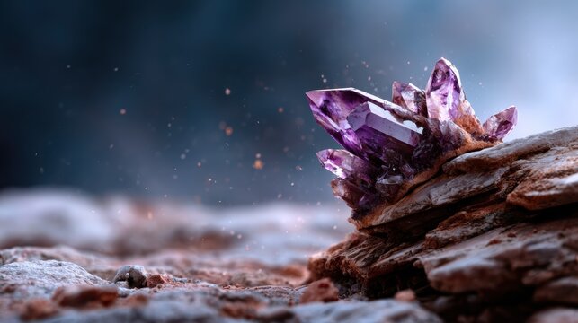 A mesmerizing close-up shot of shimmering amethyst crystals atop rugged terrain, capturing the beauty of nature's gems in a captivating play of light and texture.