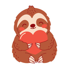 Fototapeta premium Cute sloth hugging a heart. Flat vector illustration in warm colors, perfect for Valentine’s Day, love themes, greeting cards, kids designs, stickers, and romantic illustrations.