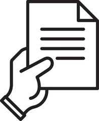 Black and white outline icon of a hand holding a document with lines of text and a folded corner paper