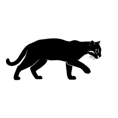 Obraz premium A sleek black silhouette of a cougar or panther walking gracefully, depicted from a side profile against a plain white background.