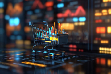 Shopping cart filled with glowing financial data charts and graphs on a dark background. symbolizing e-commerce analytics and digital market trends.