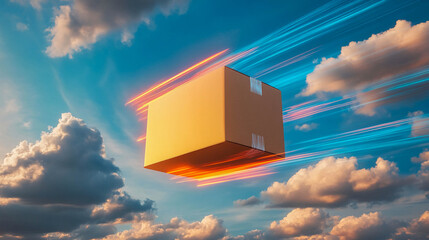 A cardboard box in dynamic motion with light trails on a blurred sky background is a symbol of fast delivery and express logistics.