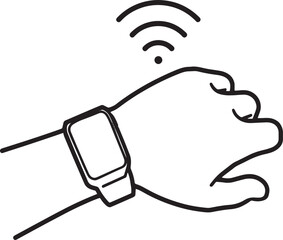 Black and white outline of a hand wearing a smartwatch with Wi- Fi signal waves emanating from it
