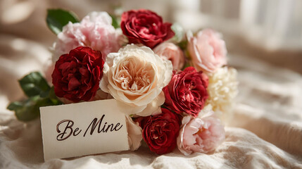 A romantic bouquet of pastel and red roses lies on soft textiles next to a "Be Mine" Valentine's Day card.
