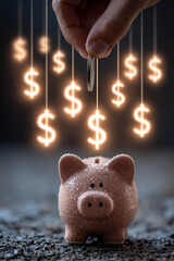 A man's hand drops a coin into a piggy bank on a table, and glowing dollar symbols appear around it, representing the concept of savings, personal finances, investments, and capital accumulation.