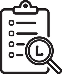 Black outline icon of a clipboard with a four-item checklist and a magnifying glass examining a list item on a white background