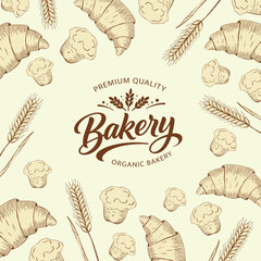 Vintage bakery logo with hand drawn bread and wheat pattern. Organic bakery branding design with croissants, muffins and grain elements, retro food illustration for packaging, cafe, menu.