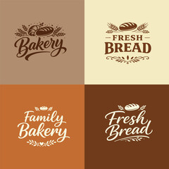 Vintage bakery logo set with hand drawn bread, wheat and typography. Rustic food branding design for bakery, cafe or bread shop, organic style logo collection in warm brown tones.