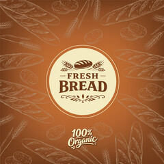 Vintage bakery logo with fresh bread badge on warm brown background. Hand drawn wheat and bread pattern, organic food branding design for bakery, cafe, packaging and rustic identity.