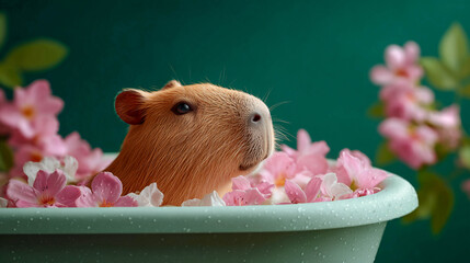 The capybara takes a relaxing bath with rose petals in the bathroom, a concept of spa treatments and relaxation.