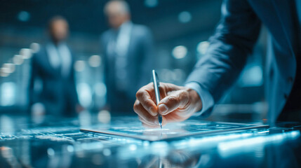 A business man in a suit uses a stylus on an interactive touchpad (digital panel) in an office, with a blurred background of a colleague and graphs on the screens.