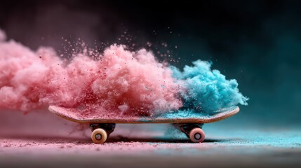 A skateboard is enveloped in a vibrant explosion of pink and blue smoke, showcasing movement and energy combined with artistic creativity in this dynamic imagery.