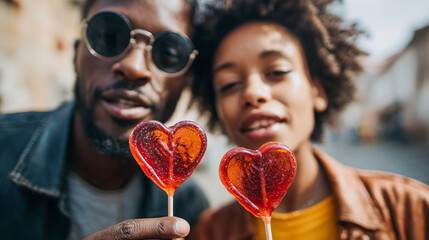 A happy couple holds heart-shaped lollipops on a blurry, warm background, representing romance, dating, Valentine's Day, and sweet gifts.