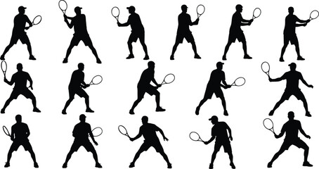 Tennis player silhouette collection of athletic men hitting forehand backhand and serving ball during match competition isolated on white background for sports design projects.