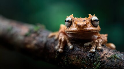 A close-up view of an intriguing brown frog perched on a branch illustrates the intricate beauty of wildlife, highlighting nature's delicate ecosystems and vibrant colors.