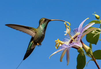 Obraz premium Sword-billed Hummingbird with its extremely long bill feeding from a passionflower, sunny day, blue sky