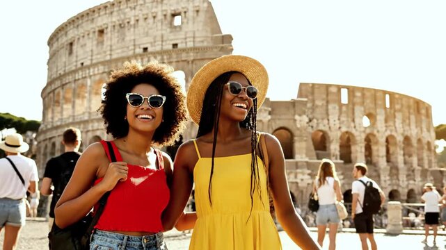 Two friends stand in front of the Colosseum in Rome. They look at a map and chat while enjoying the sunny day. Many people walk around them.