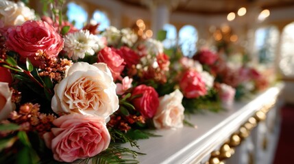 A lush display of pink and cream roses, elegantly arranged on a decorative table, radiates beauty and serenity, inviting joy into any setting or celebration.