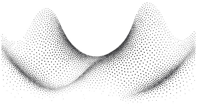  A striking black-and-white halftone artwork featuring sweeping mountain-like waves created from dotted textures. Modern, abstract, and highly graphic
