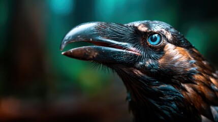 Obraz premium A captivating close-up of a raven displaying its striking blue eyes, showcasing the intricate details of its feathers and the enigmatic spirit of this intelligent bird in nature.