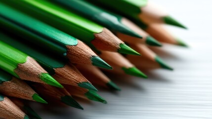 A tightly arranged set of green colored pencils showcases various shades of green, inviting creativity and artistry through their vibrant colors and textures.