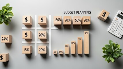 Wooden blocks with percentages and dollar signs on a gray surface with budget planning concept