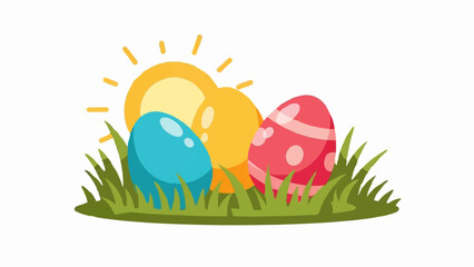 A sunny day with three decorated eggs in green grass