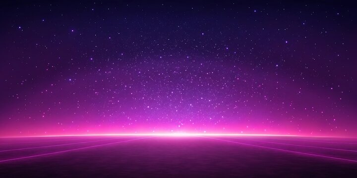 Synthwave neon horizon background eighties style glowing grid retro futurism digital landscape with starry space