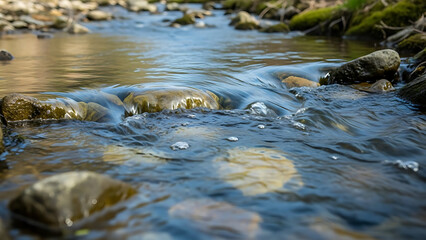 Serene stream flowing gently over rocks in natural landscape