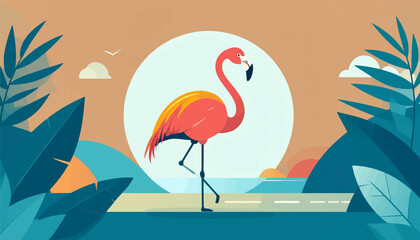 A stylized pink flamingo stands on a beach against a bright circular backdrop © Saemporna