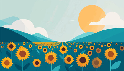 A stylized landscape of a vast sunflower field under a bright sun with rolling hills and clouds