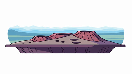 A stylized landscape featuring three volcanic cones on a raised platform against a soft blue horizon