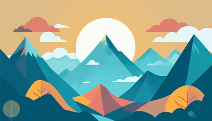 A stylized landscape unfolds with geometric mountains, a large sun, and abstract clouds in warm and cool tones