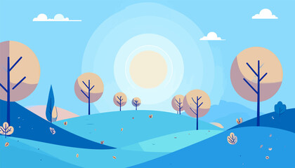 A stylized landscape unfolds with rolling hills, sparse trees, clouds, and a radiant sun