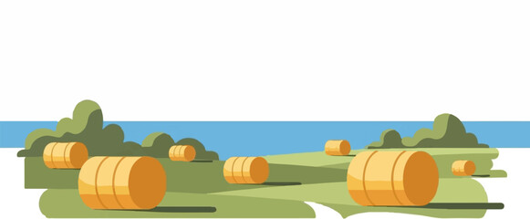 A stylized landscape with rolling green hills, a bright blue sky, and several round hay bales