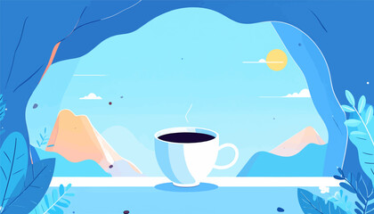 A stylized landscape with a steaming cup of coffee center-stage under a yellow sun