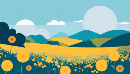 A stylized landscape with rolling hills, yellow fields, and abstract flora under a pale blue sky