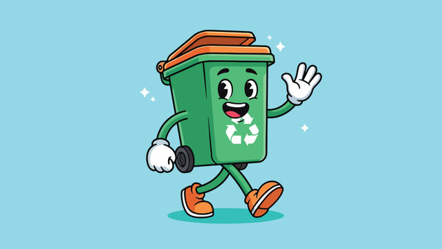 Cute cartoon green recycling bin character waving.