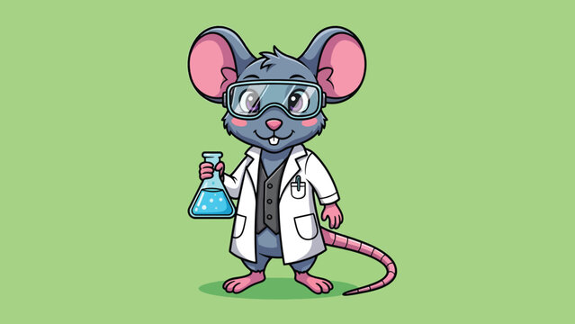 Cute cartoon scientist mouse holding a flask in a lab coat.