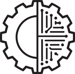 Split graphic of a gear and a circuit board with connections and nodes on a white background cogwheel