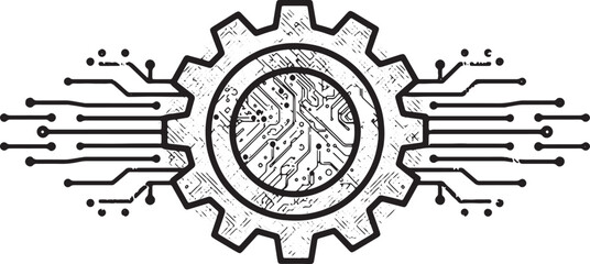 Stylized black and white illustration of a gear integrated with a circuit board and radiating lines, representing technology and mechanics