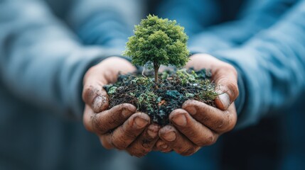 Group of hands holding small plant with soil in a garden setting during daytime showing teamwork and care for nature