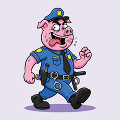Funny Cartoon Pig Police Officer Walking with Tongue Out.