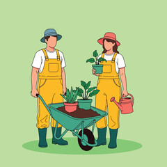 Gardening Couple with Wheelbarrow and Plants.