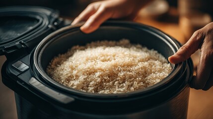 Hands open rice cooker to check on cooked rice during meal preparation in a kitchen at dinner time